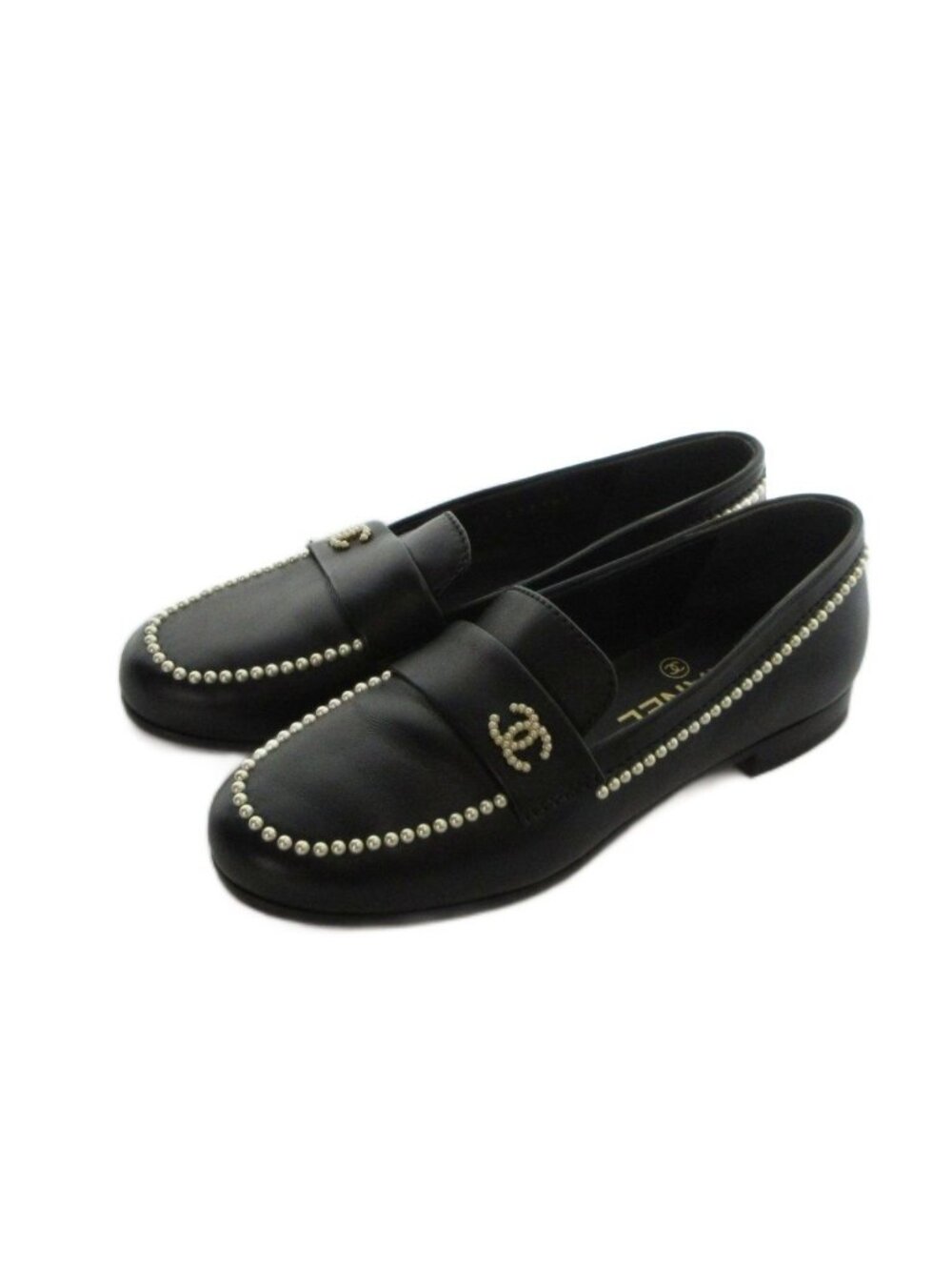 Chanel Loafers Moccasins CC Logo Faux Pearl Leather 34 Black